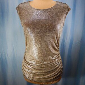 Calvin Klein Gold Shimmer Ruched Sleeveless Top Button Accents on Shoulder Small